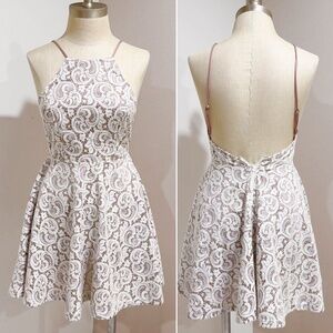 Trac Ivory Lace Fit & Flare Open Back Halter Mini Cocktail Dress Size XS